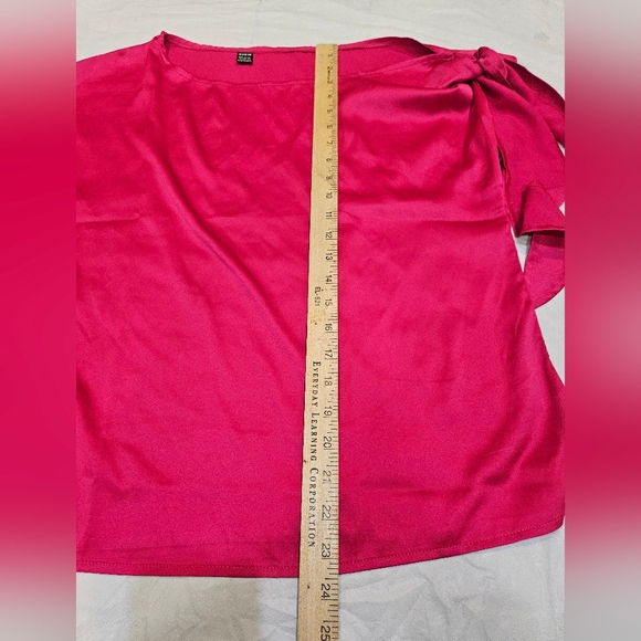 Hot Pink BAE Tie Shoulder Asymmetrical Neck Satin Blouse Sz L - Picture 4 of 8